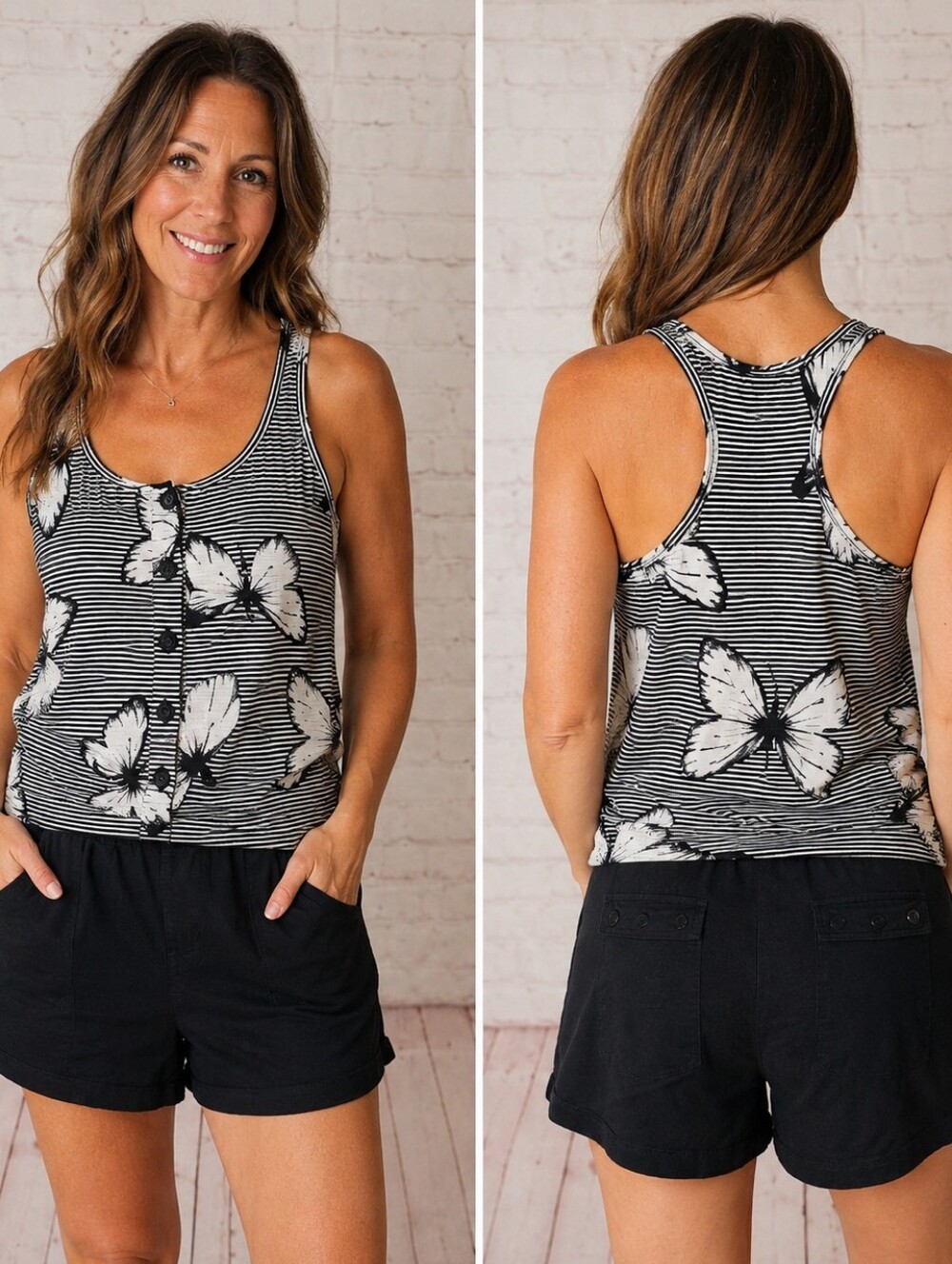 jolt butterfly stripe romper black white sleeveless shorts size l